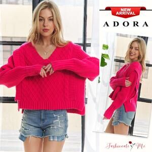 ADORA Long Sleeves V-Neck Ruffle Detail Adorable Rib Pullover Sweater | Hot Pink